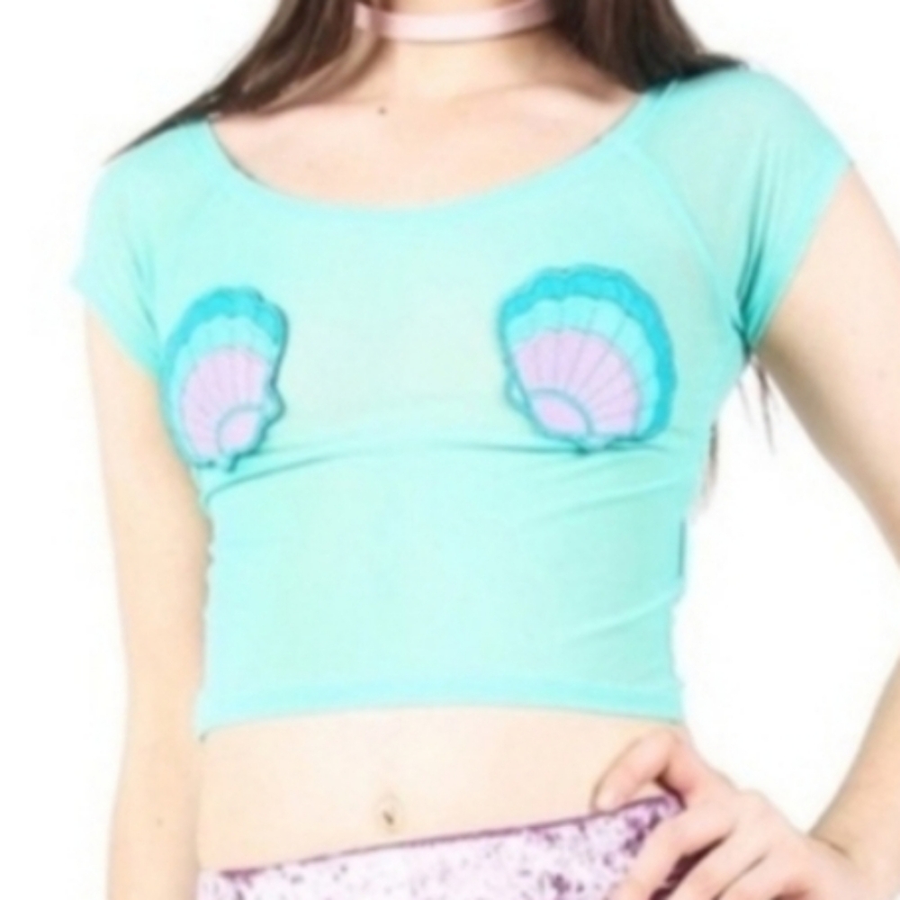 PICK 3/$25 SALE Iron Fist Mermaid For Life Sheer Crop Top w Seashell Appliques